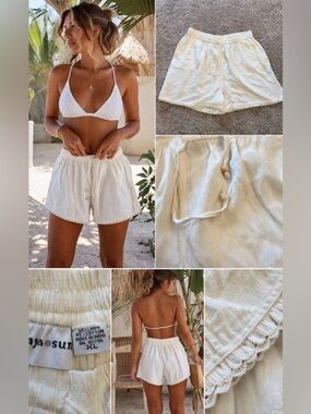 Raya Sun Linen Blend Lace Trim Shorts XL | Coastal Boho Beachy Summer